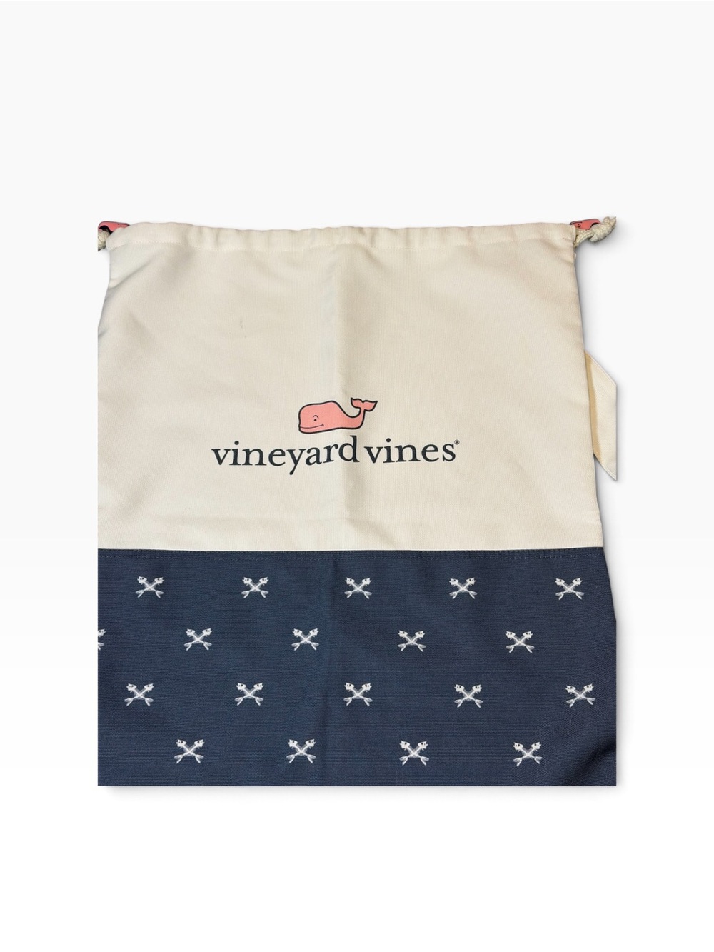 Vineyard Vines White and Navy Drawstring Laundry Bag with Whale Logo
